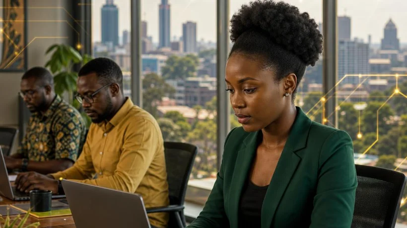 Kenyan office professionals working calmly at laptops with a subtle glowing network pattern suggesting automation