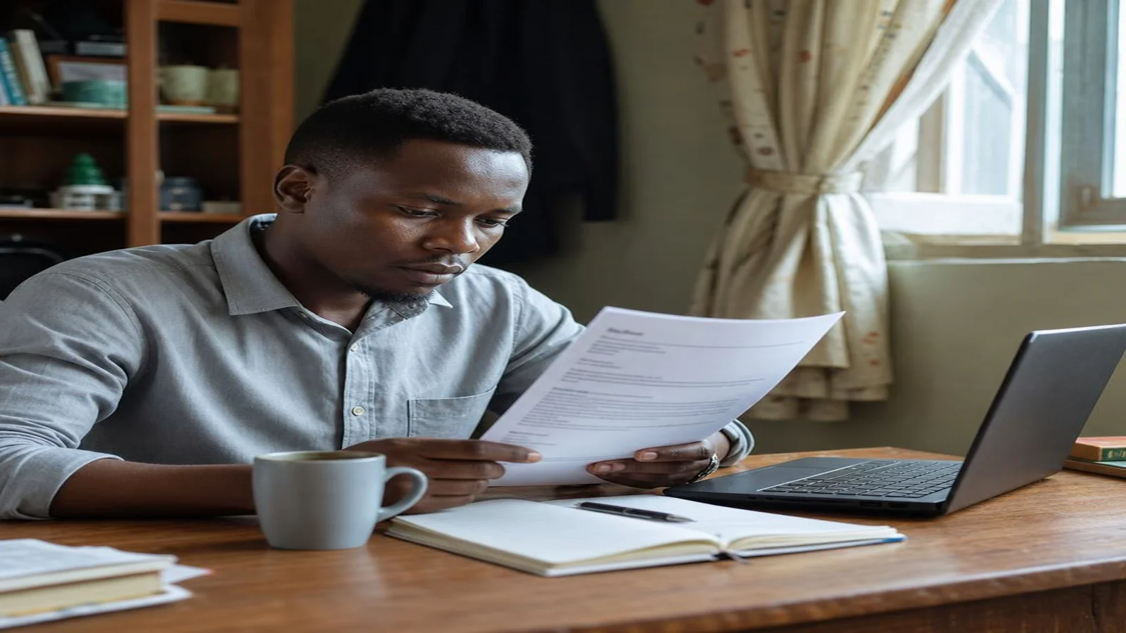 Kenyan professional at a desk reviewing a CV on a laptop with ATS keyword score indicators visible on screen
