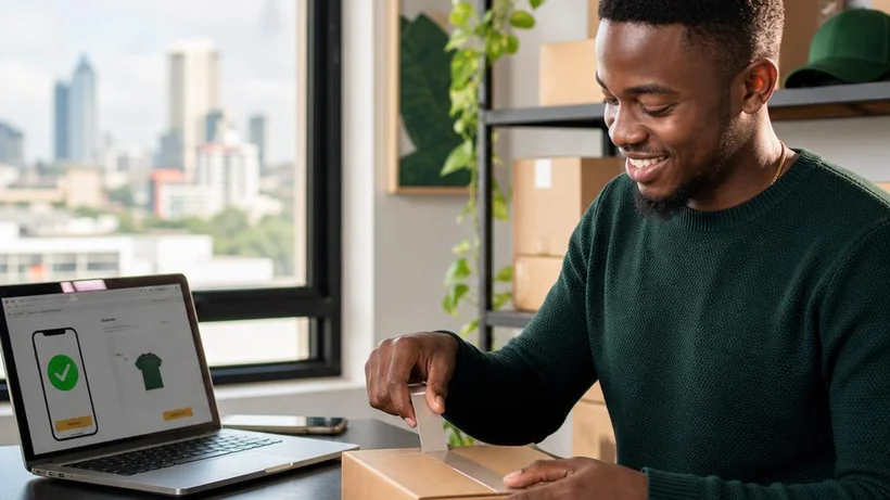 Kenyan entrepreneur packing a parcel next to a laptop showing an online store checkout with mobile payment confirmation