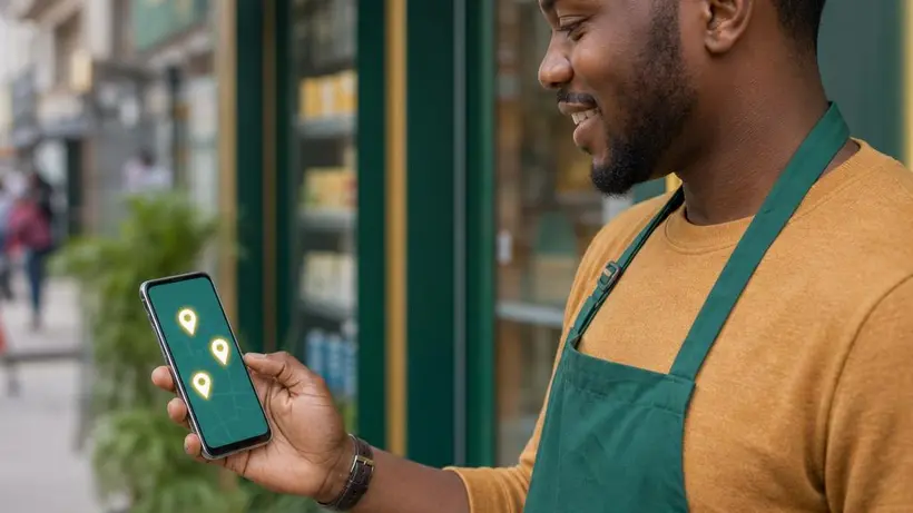 Nairobi business owner checking local map search results showing three business pins on a smartphone