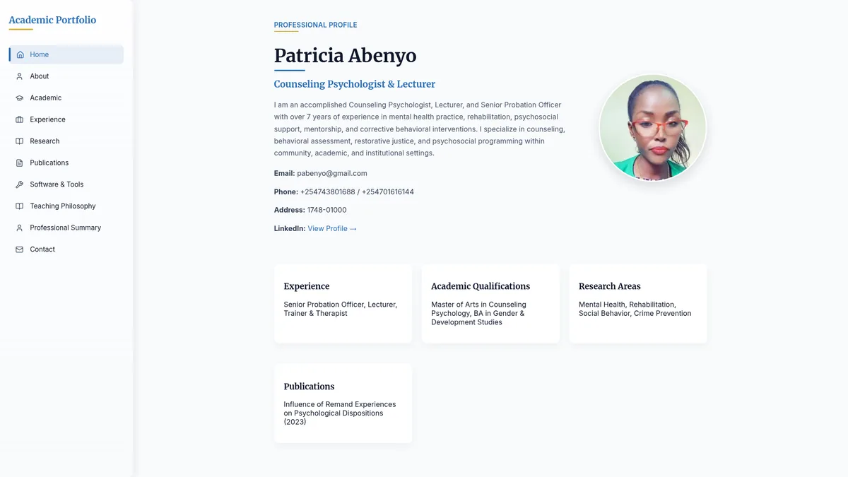Academic and professional portfolio website for a counseling psychologist and lecturer, built by Kissor Digital
